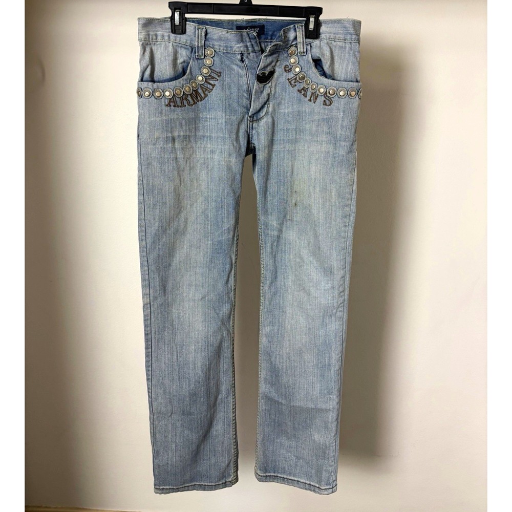 AJ Armani Jeans Mens Light Wash Blue Straight Leg Logo Studded Jeans 32x32